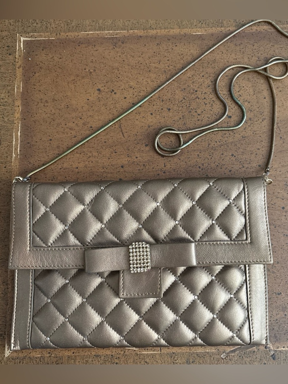 Vintage Metallic Bronze Quilted Crossbody Bag with Bow Accent And Rhinestones
